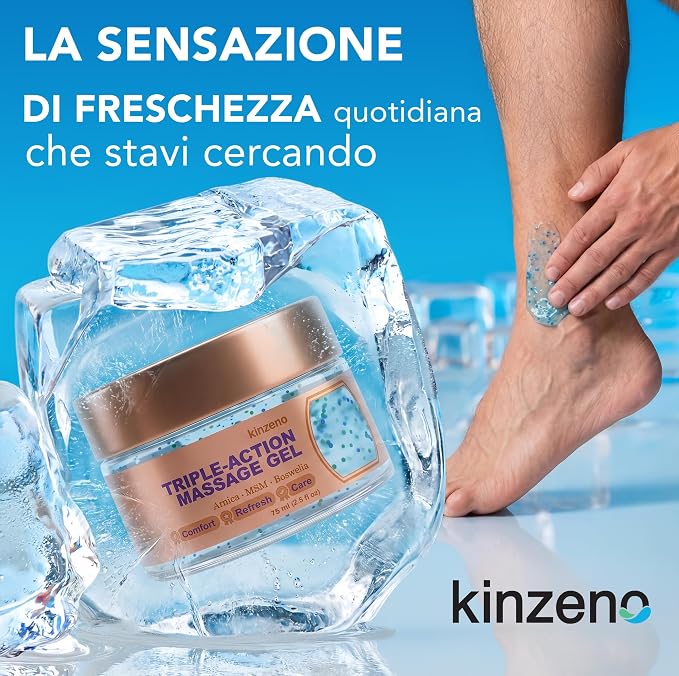 Supplied Kinzeno promotional image showing a massage gel jar with ice and lower-leg application